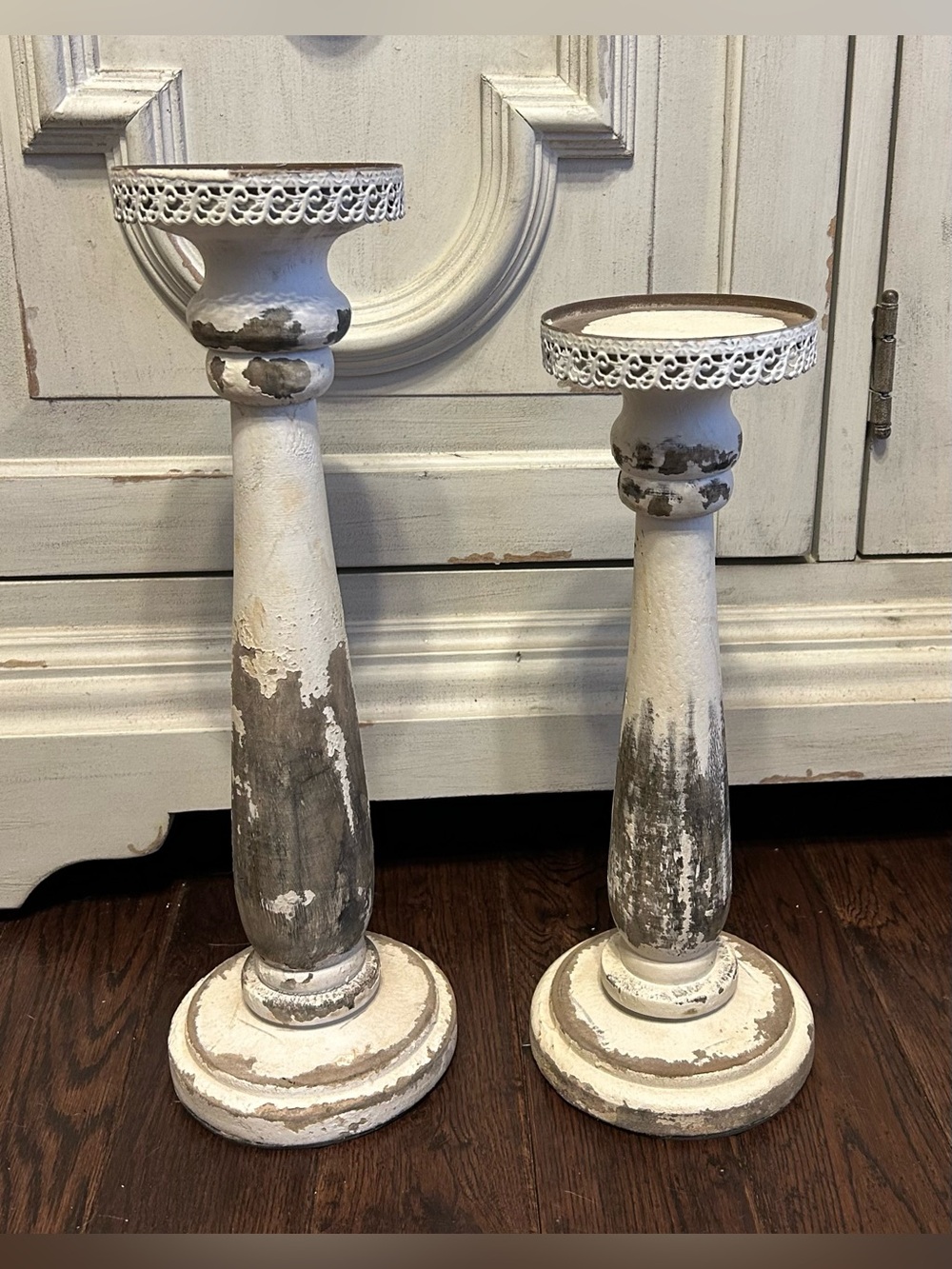 Rustic Distressed White Wooden Candle Holders - Set of 2